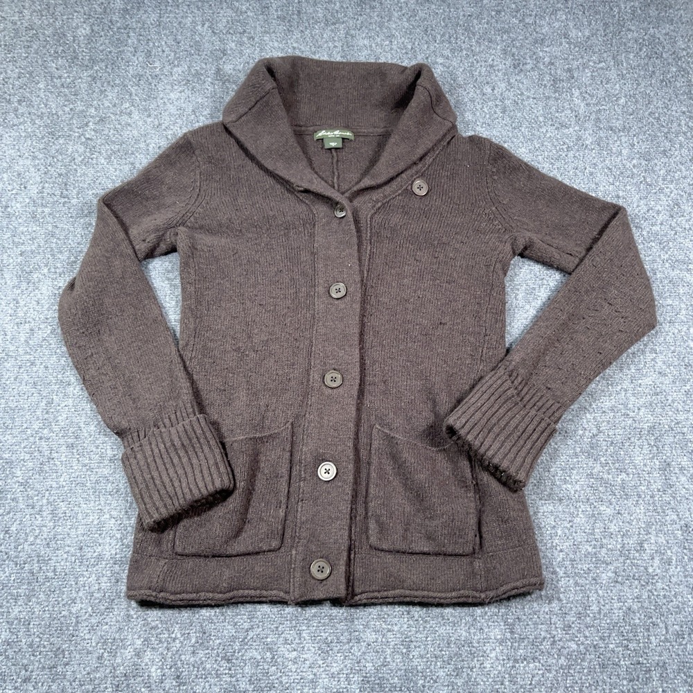 Eddie Bauer Cardigan Sweater Women M Brown Lambswool Angora Shawl Collar Granola